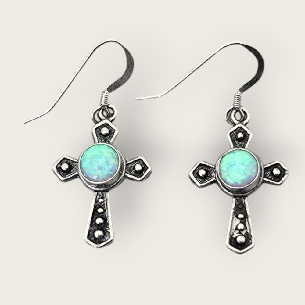 Blue Opal Cross Silver 925 Dangle Earrings – Vintage Artisan Faith Jewelry